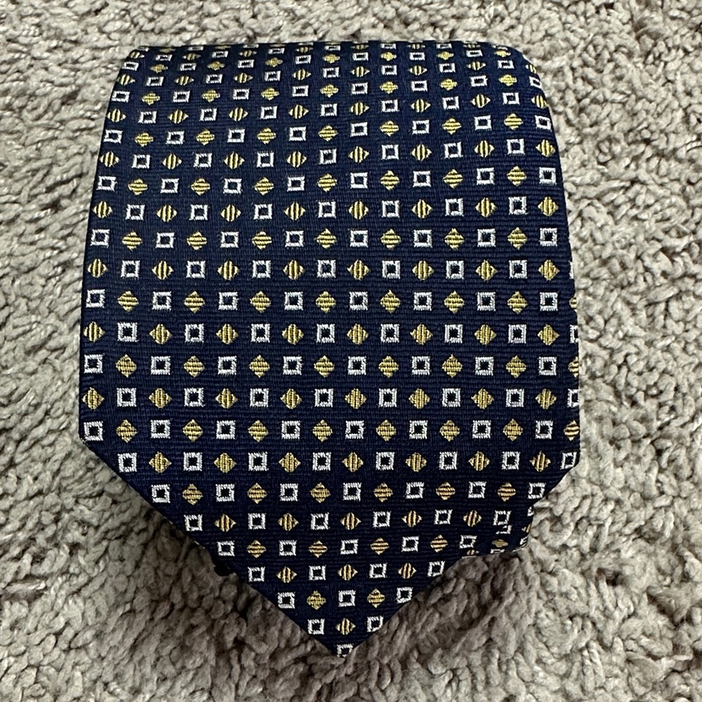 Ralph Lauren Men's Luxury Tie Blue & Gold Geometric 100% Silk 3.50" Made In USA